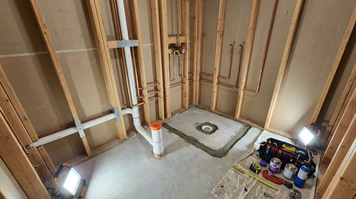 Bathroom rough-in plumbing during remodel by Johns Plumbing LLC in McDonough