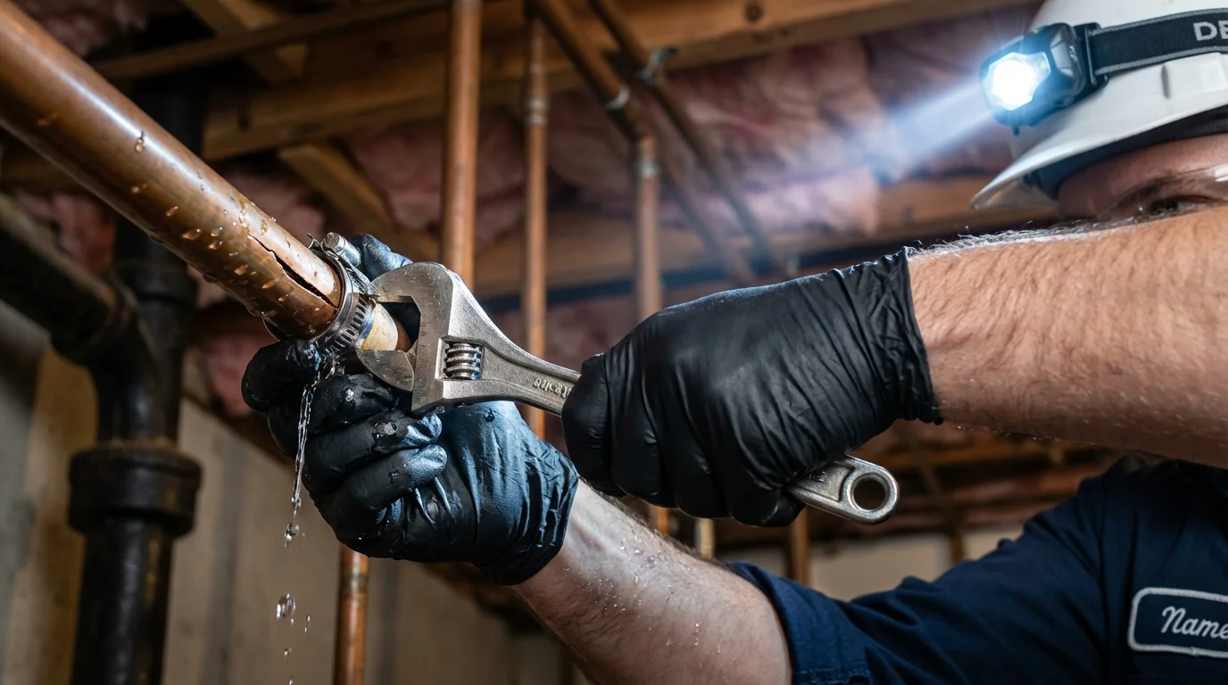 Emergency pipe clamp repair being performed by a Johns Plumbing LLC plumber in McDonough