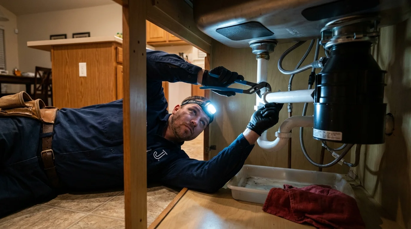 P-trap and supply line connections under a kitchen sink showing a common leak point in McDonough, GA